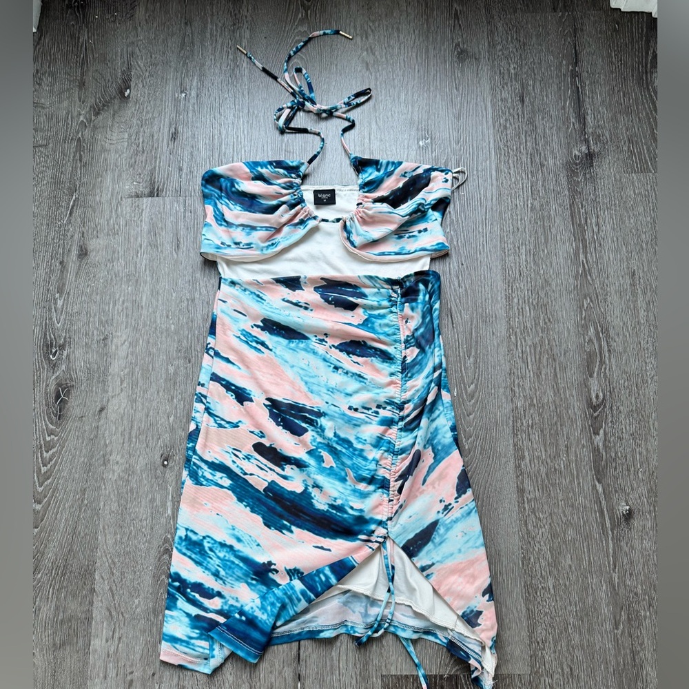 Blanc Clothing Halter Ruched Dress Blue Pink Tie Dye Cutout Asymmetrical Mini M